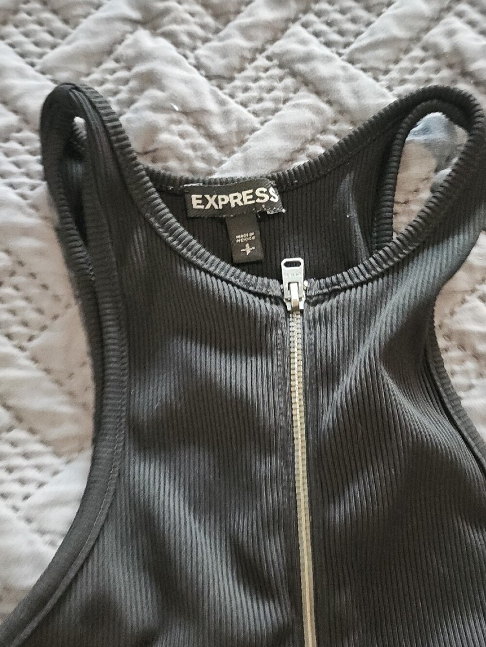Express Black Ribbed Zip-Front Racerback Bodysuit - Picture 7 of 7